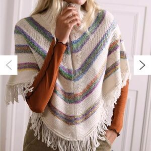 Urban Outfitters High Neck Stripe Zip Cape Fringe Sweater Shawl Cozy Colorful